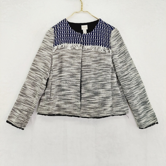 Chico’s Long Sleeve Pieced Detail Jacket Black/White/Blue Casual Blazer P3378 - Picture 2 of 9